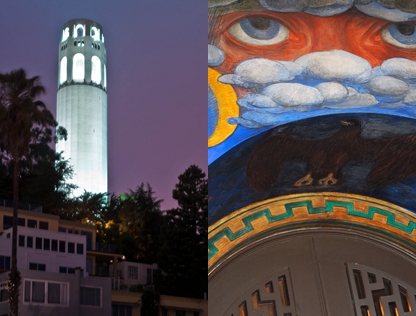 Coit Tower: Outside facade and mural inside